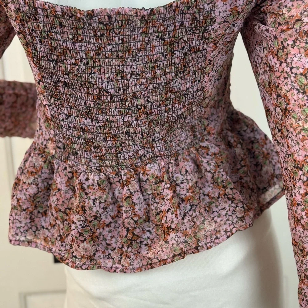Astr Pink Puff Sleeve Smocked Blouse. C7